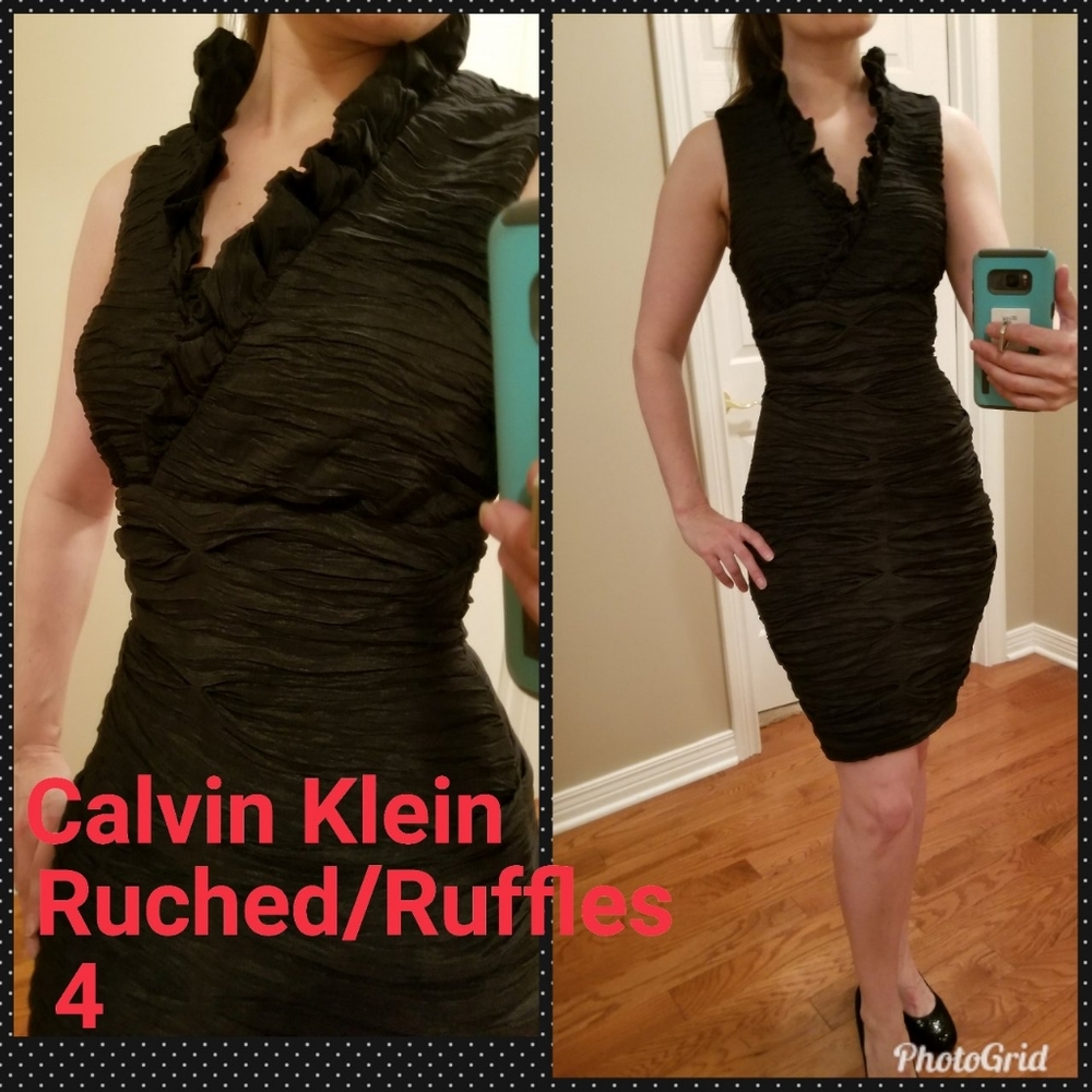Calvin Klein Black Ruched Ruffle Cocktail Dress